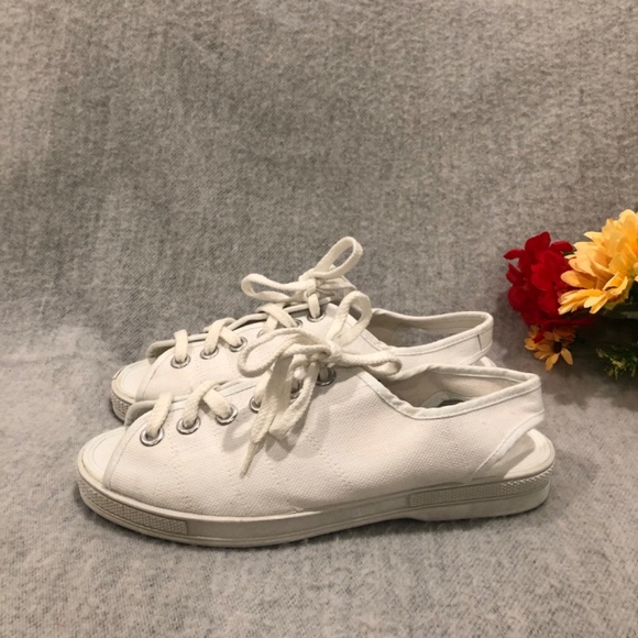 White Canvas Peep Toe Slingback Sneakers - Picture 6 of 16